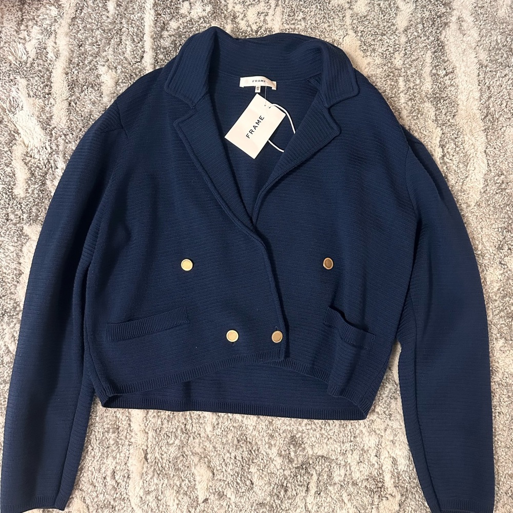Frame Denim Blue and Gold Blazer with Structured Shoulders